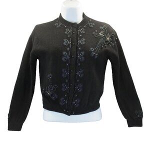 1970s Lai Wah Hong Kong Sz 40 Beaded Cardigan Sweater Lambswool Hand Beaded